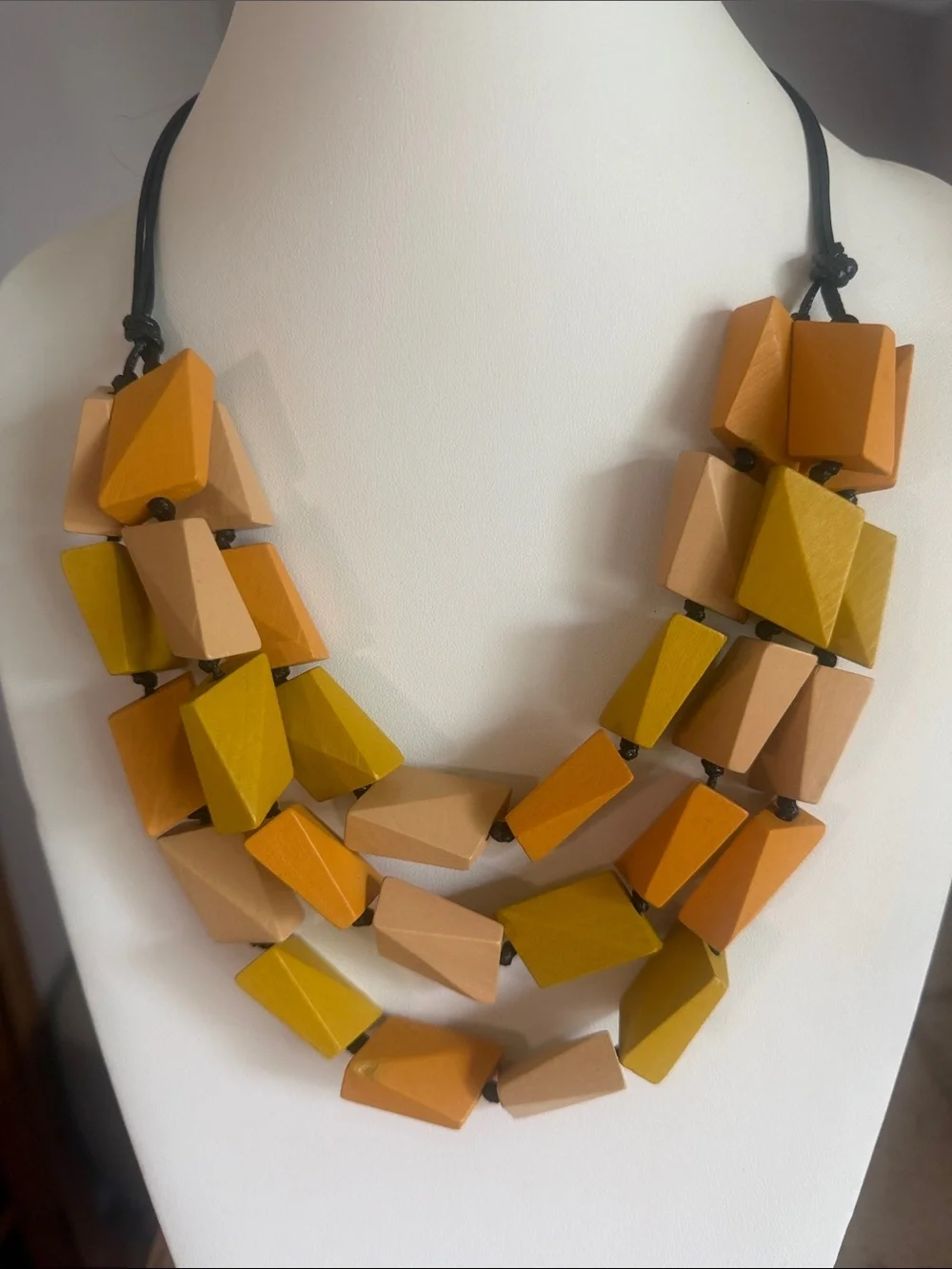 Vintage Wooden Geometric Multi-Strand Necklace in Mustard, Tan & Orange